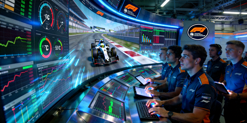 F1车队指挥墙，工程师们紧盯屏幕分析实时数据，制定战术