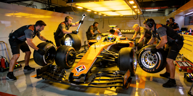 F1赛车在维修站内进行快速换胎，技师团队紧密协作的瞬间